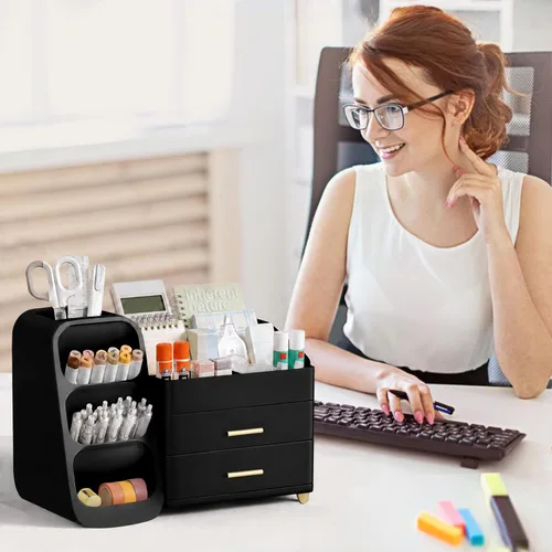 Vista 6 de HBlife Organizador de escritorio con soporte para lápices para escritorio, organizador de bolígrafos con 2 cajones, organizadores de escritorio