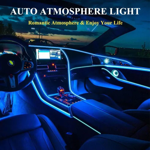 Vista 4 de Luces de cable EL para el interior del coche, luz de panel azul neón de 16 pies/5 m, tira de luz LED para coche, USB 5V, decoración