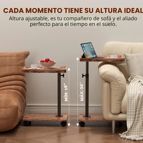 Vista 3 de Mesa auxiliar de mesa C de altura ajustable, mesa giratoria de 360° con ruedas, mesa pequeña para comer, cena, mesas auxiliares en forma de C, sala