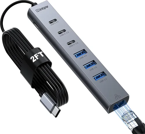 Vista 9 de Concentrador USB C, intpw 6 en 1, adaptador multipuerto USB C con HDMI 4K @60Hz, Gigabit Ethernet, 100W PD, transferencia de datos USB 3.0 de 5