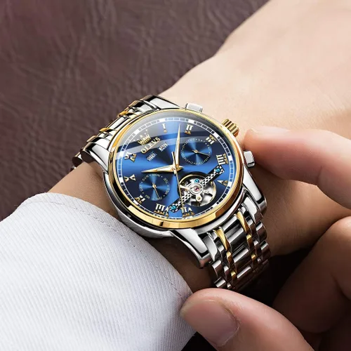 Vista 3 de OLEVS Relojes de cuerda automática para hombre vestido mecánico automático Tourbillon de acero inoxidable doble calendario impermeable luminoso