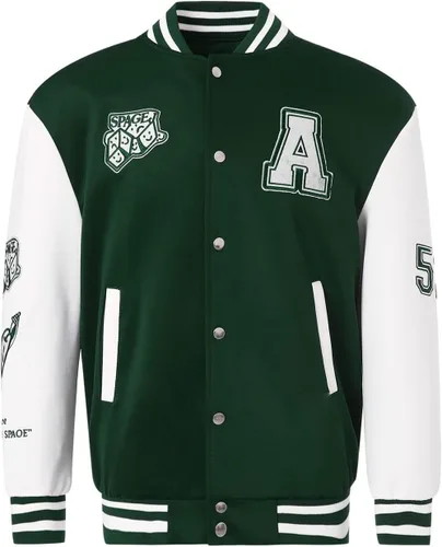 Vista 3 de Mxiqqpltky Chaqueta universitaria vintage para hombre, estilo casual, con estampado de letras, chaqueta de béisbol de retazos, ropa de calle