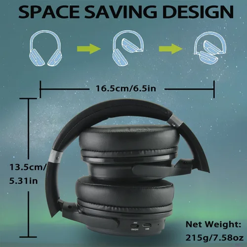 Vista 7 de EXMAX H5 Auriculares Bluetooth sobre la oreja ANC estéreo de alta fidelidad inalámbricos/con cable + micrófono plegables cómodos orejeras