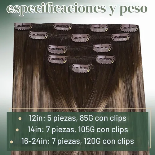 Vista 2 de Ugeat Extensiones de cabello humano con clip de 12 pulgadas, extensiones de cabello balayage con clip, marrón chocolate ombre, extensiones