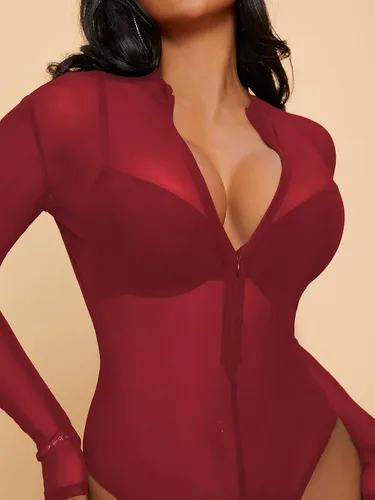 Vista 5 de Floerns Camiseta de manga larga con cremallera de malla transparente para mujer