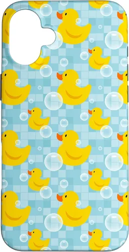 Vista 22 de Funda de goma amarilla para iPhone 16 con patrón de patos y patos