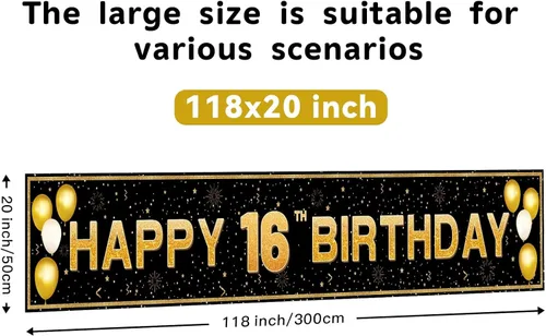 Vista 2 de Decoraciones de cumpleaños número 16 para niños y niñas, pancarta de decoración de feliz cumpleaños de 16 años en negro y dorado, suministros
