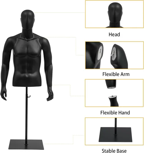 Vista 5 de Forma de vestido de torso de maniquí masculino, maniquí de costura con brazos desmontables, exhibición de maniquí con soporte de metal, altura