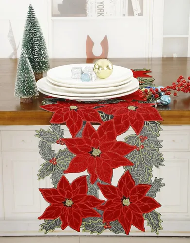 Vista 6 de GRANDDECO Camino de Mesa Navideño para Fiestas Campestres Bufandas de Tocador Bordadas con Flores de Nochebuena Navideñas Xmas para Casa Cocina Mesa