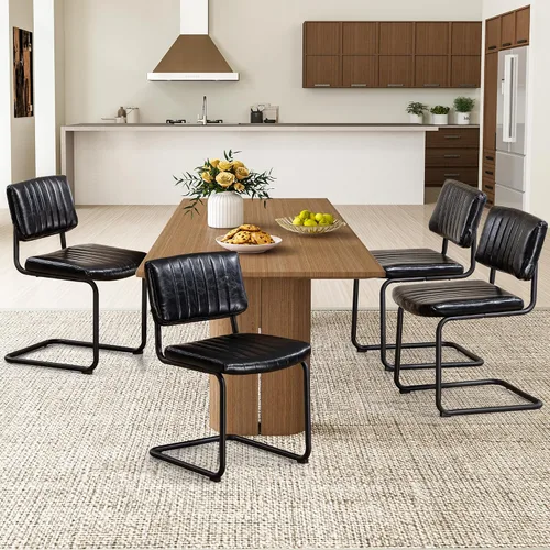Vista 19 de Juego de 2 sillas de comedor voladizas, sillas de comedor modernas de mediados de siglo con patas de metal negro, sillas de cocina tapizadas