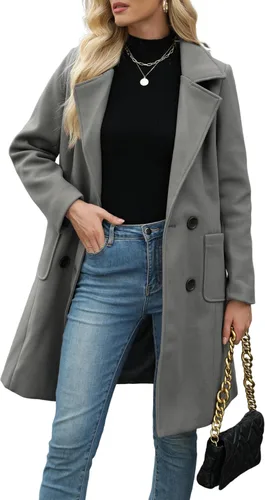 Vista 14 de Bankeng Chaqueta de solapa de doble botonadura con muesca para mujer, mezcla de lana de camello Verde Armada (ArmyGreen)