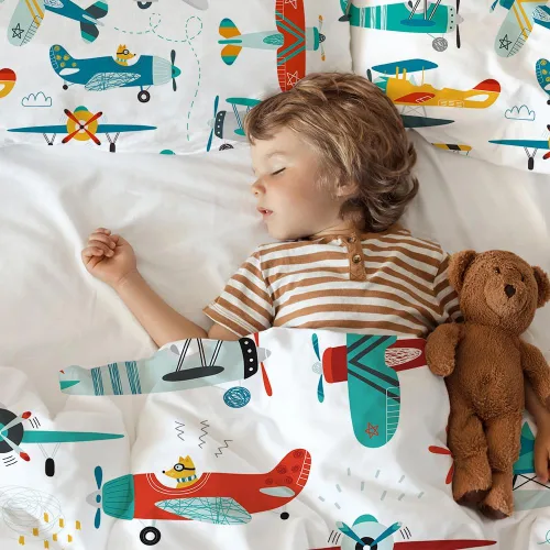 Vista 2 de Yasida Juego de edredón de avión para niños, tamaño individual, juego de ropa de cama de avión de dibujos animados coloridos para niños