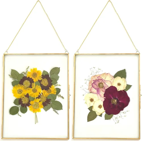 Vista 13 de Beedecor Juego de 2 marcos colgantes de vidrio doble para flores prensadas, hojas y obras de arte, marco flotante de metal grande con cadena, marcos