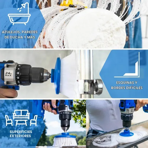 Vista 2 de RotoScrub Kit de cepillo de limpieza de taladro y almohadillas de esponja - Limpiador eléctrico para interiores y exteriores para bañeras, duchas