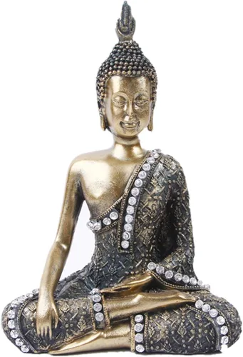 Vista 9 de Escultura meditadora de Buda Polystone, estatuas de Buda pintadas a mano, estatuas de Buda para el hogar, decoración de meditación, decoración Azul
