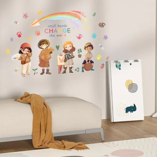 Vista 4 de SUPERDANT Calcomanía de pared para guardería, diseño de manos pequeñas que cambian el mundo, inspirador, diversidad, inclusión, impresiones