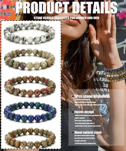 Vista 2 de BOMAIL 5 pulseras de piedras semipreciosas de 0.315 pulgadas para mujeres y hombres, pulseras de cuentas de cristal curativo de Reiki, pulseras