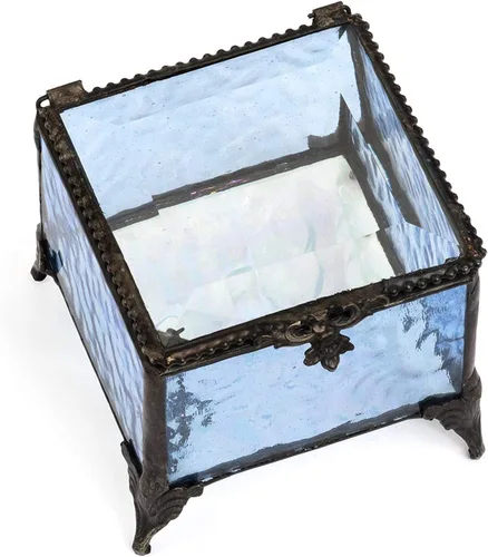 Vista 5 de Caja de cristal azul decorativa para joyería con anillo de exhibición, pulsera, aretes, organizador de almacenamiento, regalo de recuerdo para mamá