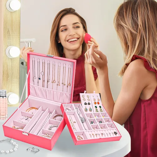 Vista 7 de Joyero para mujeres, niñas, novia, esposa, organizador de joyas de cuero grande, estuche de almacenamiento con dos capas para aretes, pulseras