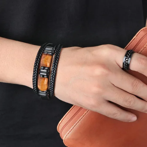 Vista 2 de Pulseras de cuero de ojo de tigre para hijo, marido, nieto, novio a mi hombre, joyería para hermano papá, 7.58.59 pulgadas