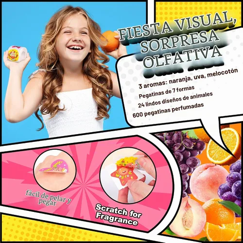 Vista 5 de HORIECHALY 3 Rollos de Calcomanías para Raspar y Oler para Niños, 600 Piezas de Calcomanías con Aroma, Calcomanías de Recompensa para Niños