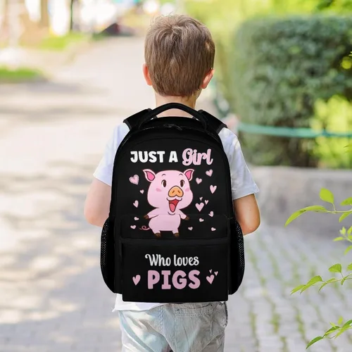 Vista 2 de Mercuryelf Mochila de cerdo para niñas, 16 pulgadas, color negro, con texto en inglés "Just a Girl Who Loves Pigs Mochilas para la escuela, bonita