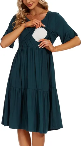 Vista 10 de Smallshow Vestido para maternidad y lactancia con volantes, manga corta, para mujer Verde militar