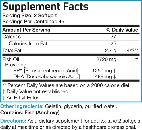 Vista 6 de Bronson Aceite de pescado Omega 3 de triple fuerza 2720 mg, alto contenido en EPA 1250 mg DHA 488 mg, sin OMG, probado para metales pesados, 90