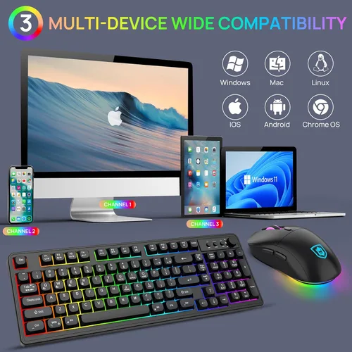 Vista 7 de KOLMAX BT98 - Combo de teclado y mouse inalámbricos, triple modo de 2.4 Gcon cableBluetooth, teclado y mouse para juegos, ergonómico recargable