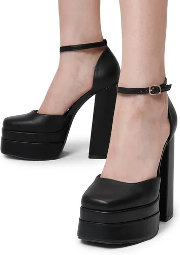 Vista 4 de DREAM PAIRS Zapatos de tacón alto y grueso para mujer, con puntera cerrada, puntera cuadrada, correa al tobillo, para boda, fiesta, zapatos de tacón