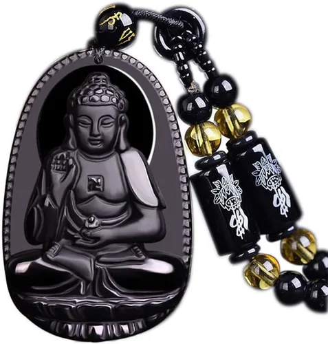 Vista 9 de Collar de Buda, collar de obsidiana negra para mujer, dije de Buda de buena suerte, cadena larga de cuentas que imita el budismo de jade, joyería