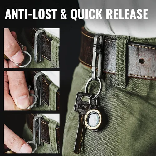 Vista 4 de KeyUnity Mini cuchillo plegable de titanio, clip para cinturón de llavero, anillo D y silbato EDC, hoja M390, dureza HRC61, corte ligero, uso