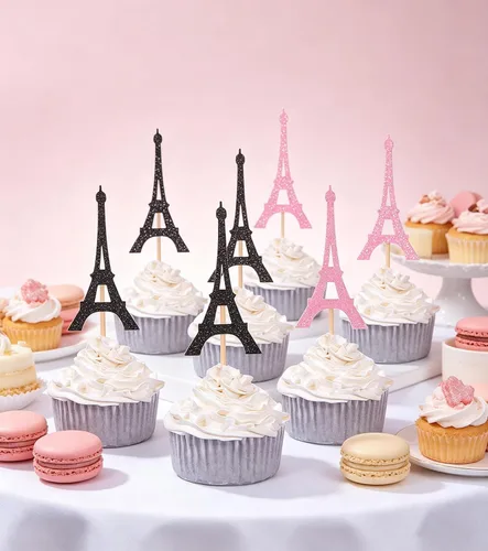 Vista 2 de 24 adornos temáticos de París para cupcakes con forma de torre Eiffel, para fiestas, bodas, despedidas de soltera, 12 rosas y 12 negras