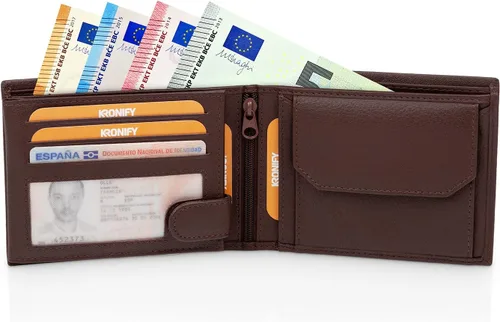 Vista 4 de KRONIFY Leather Wallet Men RFID Blocking Bifold & Trifold Genuine Leather 13 Card Slots Coin Pocket Gift Box Natural Dark Brown
