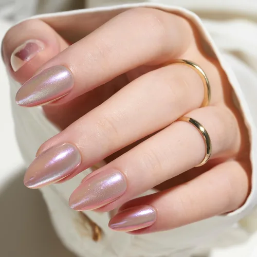 Vista 8 de GLAMERMAID Seashell Pink - Uñas postizas cortas a presión, color almendra