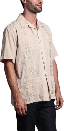 Vista 4 de G-style EE. UU. Remera playera mangas cortas de guayabera cubana para hombres, Beige