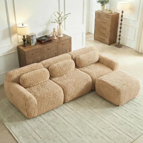 Vista 21 de Sofás de nube sin hueso de 80.4 pulgadas, tela de felpa suave y esponjosa, sofá cama modular con 2 otomanas, sofás de dos plazas de chocolate,