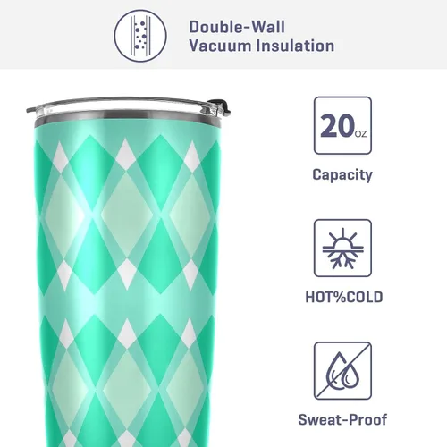 Vista 4 de Turquoise lozenge rhomb Stainless Steel cup with lid with Straw Leak Resistant Flip coffee mug to go for gym simply Vacuum Insulated Tumbler