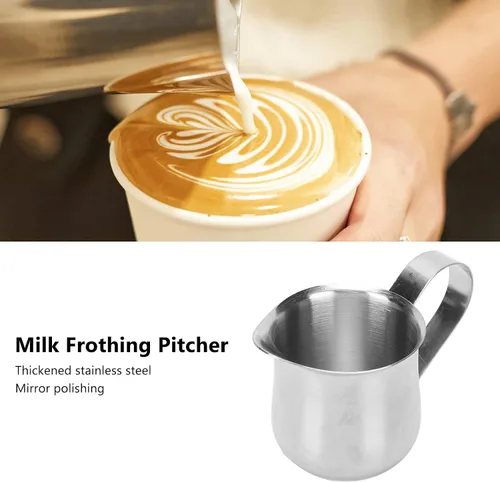 Vista 4 de Jarra de espuma de leche, taza ergonómica para espumar leche de acero inoxidable 304, jarra de vapor de leche para café, accesorios para máquina