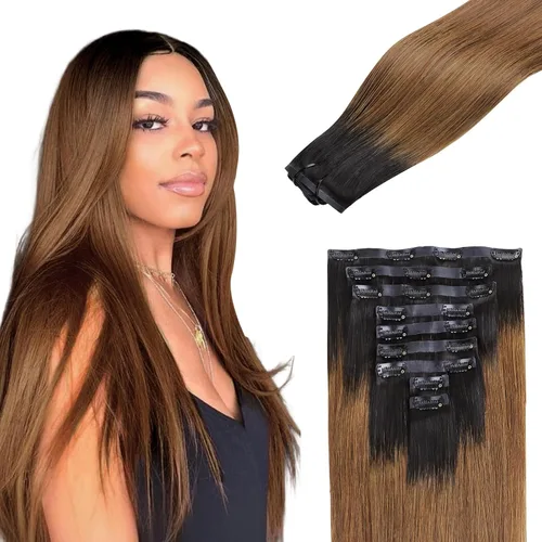 Vista 18 de Lashey Extensiones de cabello humano con clip, sin costuras, #1, color negro azabache, extensiones de cabello humano real, extensiones de cabello