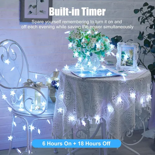 Vista 3 de Minetom - Cadena de luces con forma de estrella operadas a pilas - 5.2 m, 50 luces LED, impermeables, con temporizador, para decoración