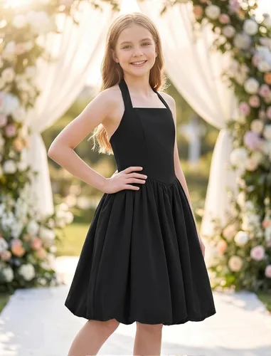 Vista 2 de IBTOM CASTLE Vestido de niña adolescente con cuello halter y lazo en la Negro