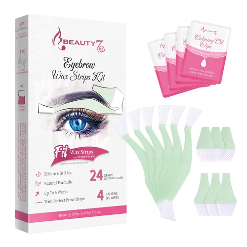 Vista 12 de Beauty7 Kit de tiras de cera para piel sensible, depilación facial para cejas, labios, 24 tiras y 4 toallitas de aceite calmantes, depilación
