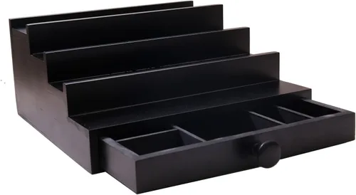 Vista 8 de 4 Tier Men's Cologne Organizer, Black Wooden Display Stand with Drawer Negro-4 niveles