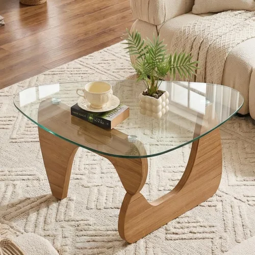 Vista 9 de LukeAlon Mesa auxiliar triangular moderna color negro y gris, parte superior de vidrio templado y base de madera, mesa auxiliar geométrica abstracta