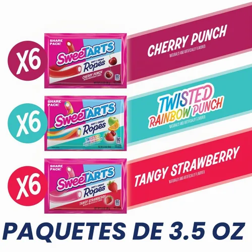 Vista 2 de SweeTARTS Ropes Candy, caja variada, suave y masticable, 18 paquetes envueltos individualmente de 3.5 onzas, 63 onzas