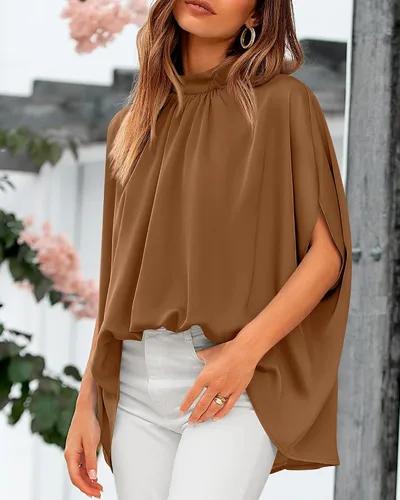 Vista 8 de BTFBM Blusas de verano para mujer, cuello alto falso, manga murciélago, holgadas, dobladillo alto y bajo, blusas informales de gran