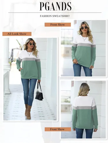 Vista 5 de PGANDS Women's Color Block Sweatshirt Tops Long Sleeve Crewneck Soft Cute Lightweight Tunic Pullover with Pocket