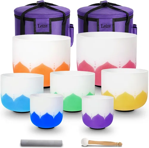 Vista 11 de Leize Chakra Tuned - Juego de 7 cuencos de cristal de cuarzo de 6 a 12 pulgadas con fundas de transporte resistentes y mazos de cuenco para cantar