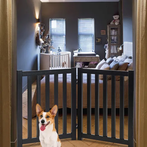 Vista 7 de LZRS Puerta para perros de madera independiente plegable de 2 paneles para interiores – Madera dura sólida de 24" de alto, puerta de seguridad
